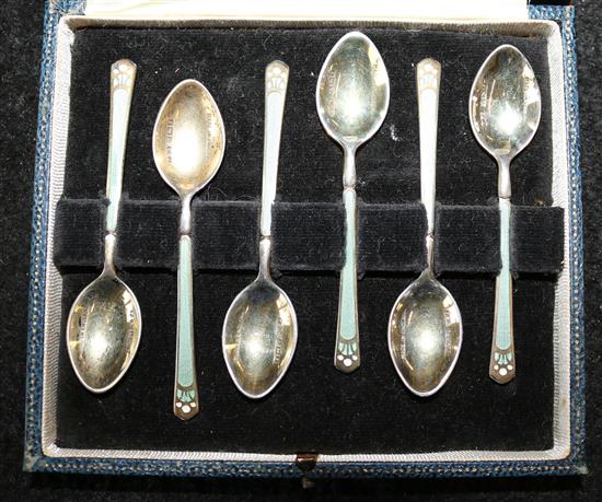 Set of 6 silver and enamel coffee spoons